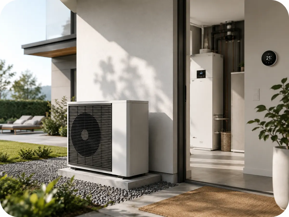 Outdoor heat pump unit beside a Bay Area home