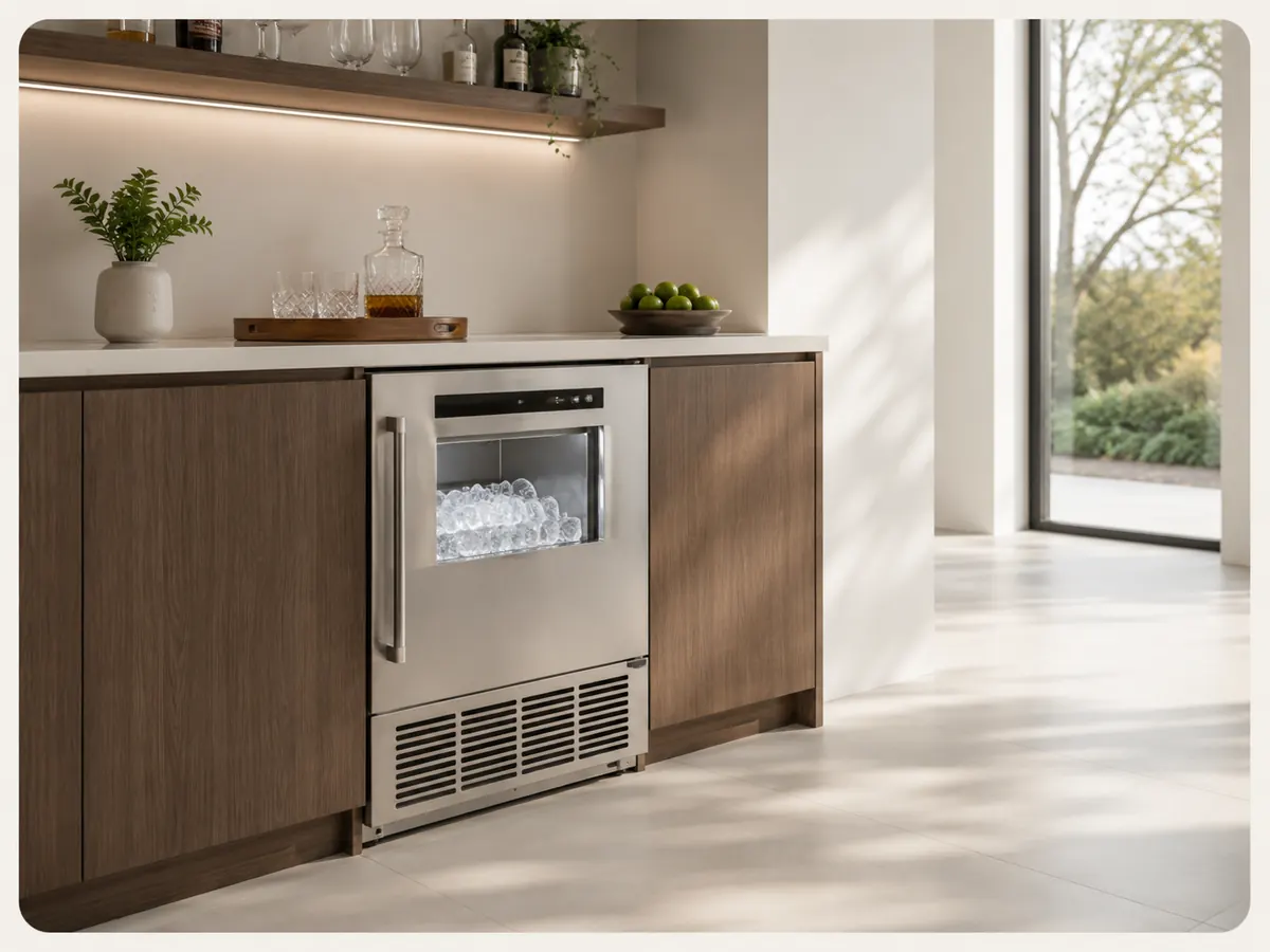 Built-in undercounter ice maker in a Bay Area home bar