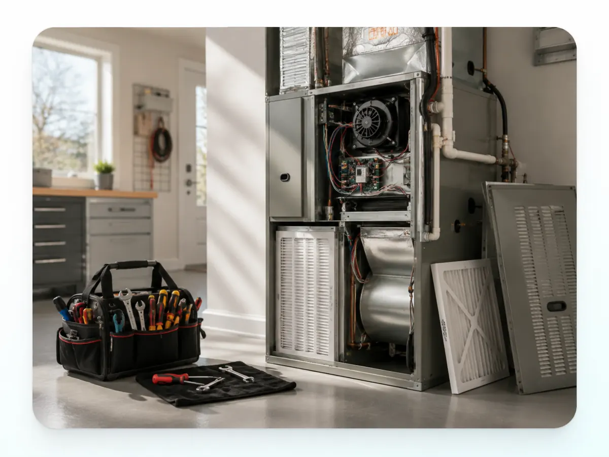 HVAC technician tools and filters beside an open furnace