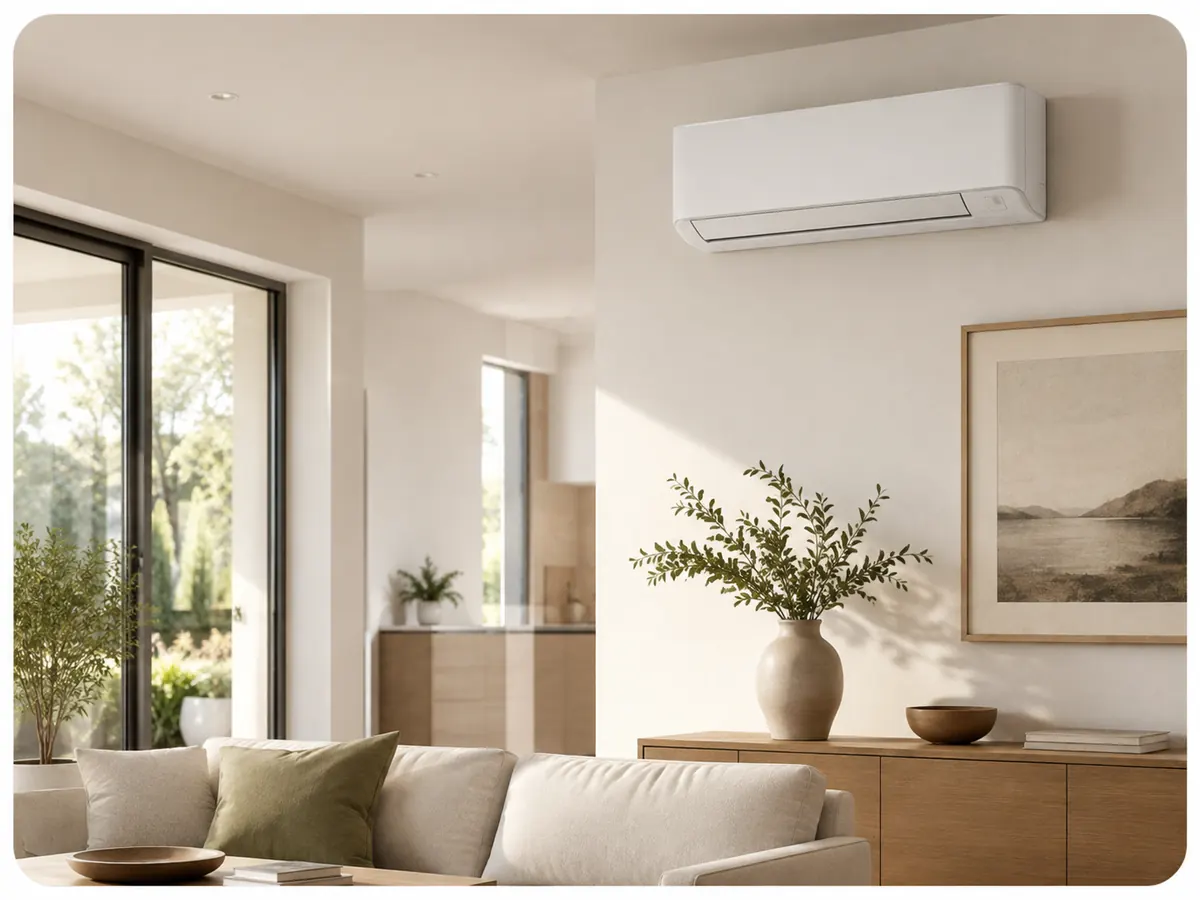Wall-mounted ductless mini-split head in a Bay Area living room