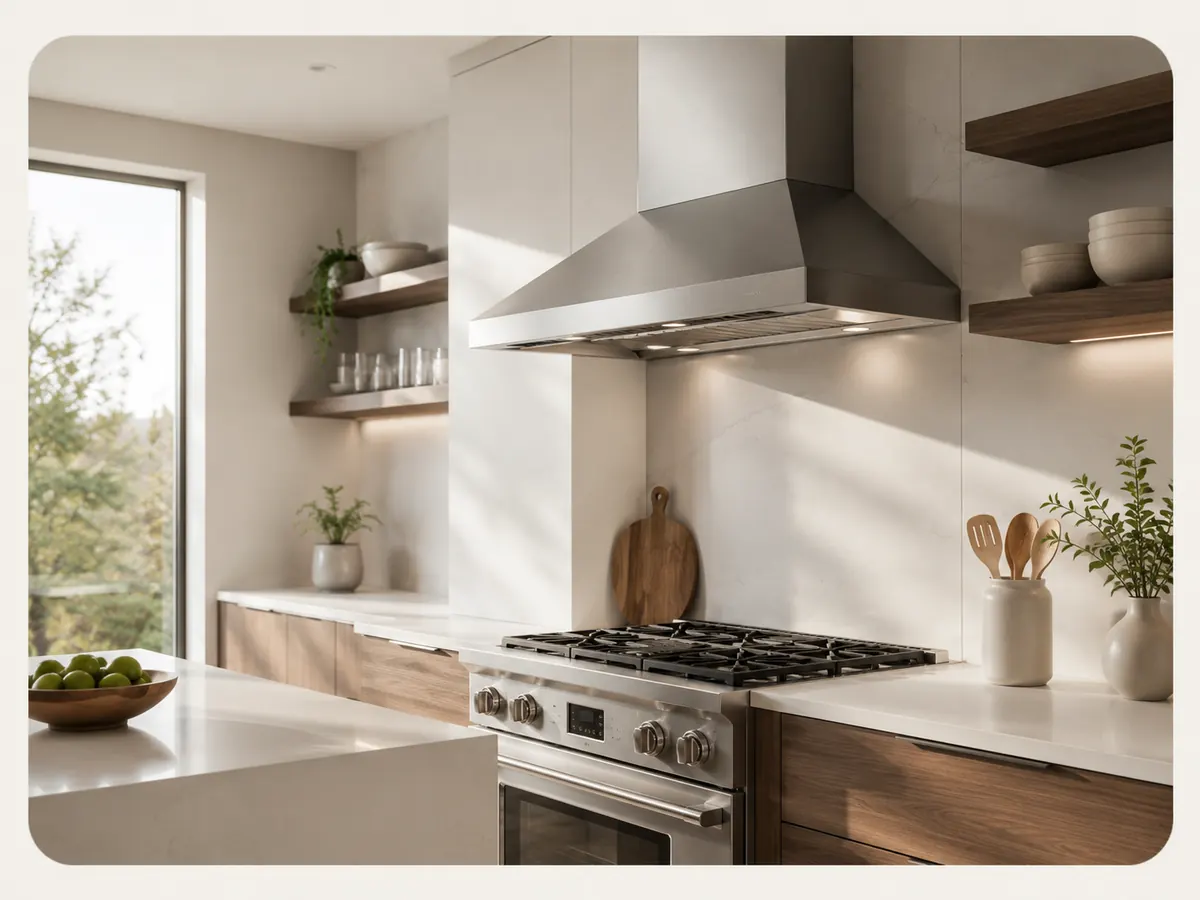 Stainless range hood over a gas range in a Bay Area kitchen