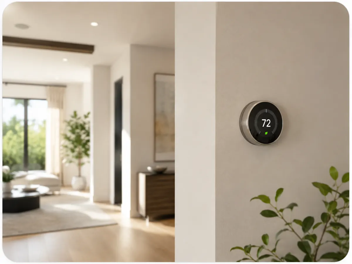 Smart thermostat mounted in a Bay Area hallway